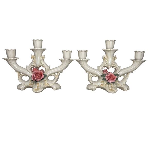 Vintage 30s Karl Ens Porcelain Rose 3 Arm Pair Candlesticks Candelabra Regency - Picture 1 of 15